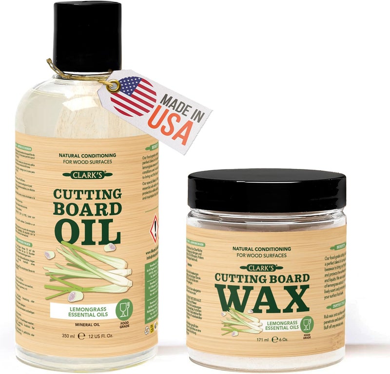 CLARK'S Food Grade Mineral Oil (12oz) and Carnauba Wax (6oz) Set - 100% Natural Butcher Block Oil and Cutting Board Wax - Food Safe Beeswax and Wood Cutting Board Oil with Lemongrass Extract - Image 1